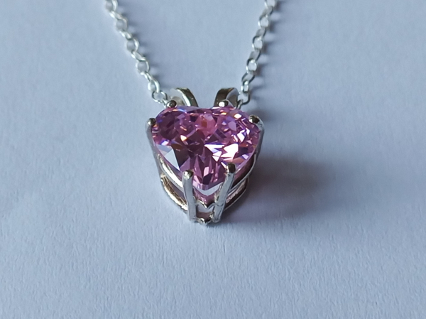 silver chain with 10 mm pink zirconia heart pendant-anchor chain 45 cm--